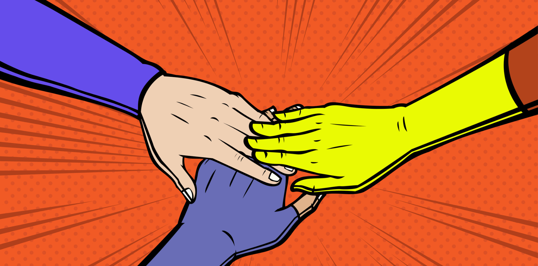 Retro style cartoon image. Orange background with three superhero hands (one pink flesh, one yellow, one blue) touching each other in the centre of the picture. Some lines in the background to indicate motion.