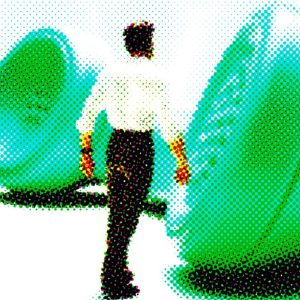 Illustration of very large, green, dial-up telephone with a man standing at either end of it.