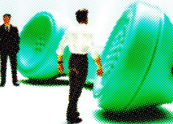 Illustration of very large, green, dial-up telephone with a man standing at either end of it.