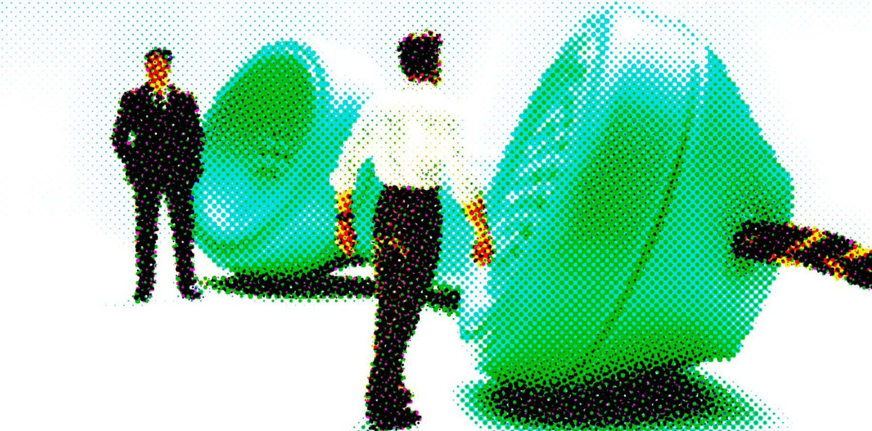 Illustration of very large, green, dial-up telephone with a man standing at either end of it.