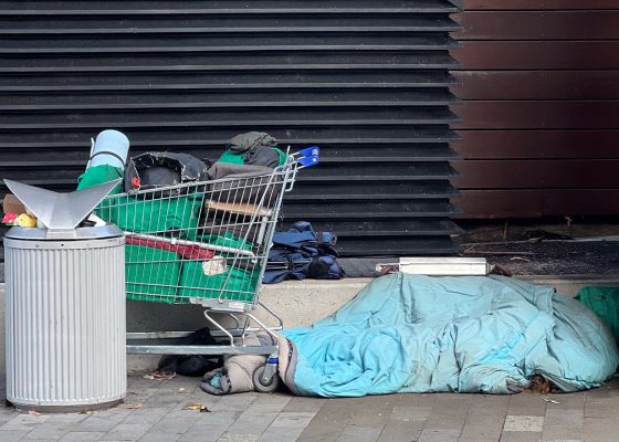 Shopping trolley with belongings and bedding on a footpath in front of a roller door