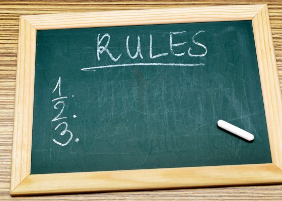 Black board with the heading Rules and 1, 2, and 3 below.