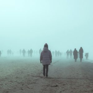 Person seen from the back, walking into the fog, other people ahead of them.