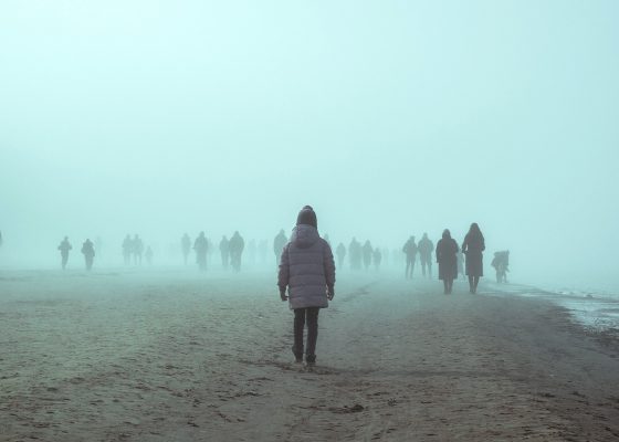 Person seen from the back, walking into the fog, other people ahead of them.