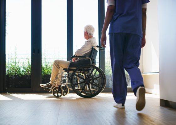 Older person in wheelchair, looking out a window, with a person standing closer to the foreground